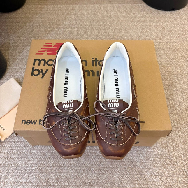 MIUMIU 26S LACE-UP BALLET IN DARK BROWN CALFSKIN