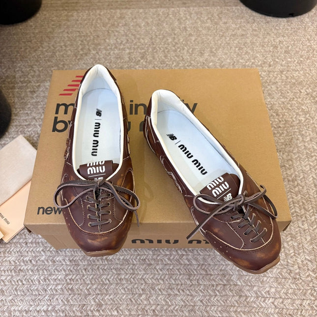 MIUMIU 26S LACE-UP BALLET IN DARK BROWN CALFSKIN