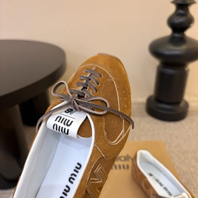 MIUMIU 26S LACE-UP BALLET IN BROWN SUEDE