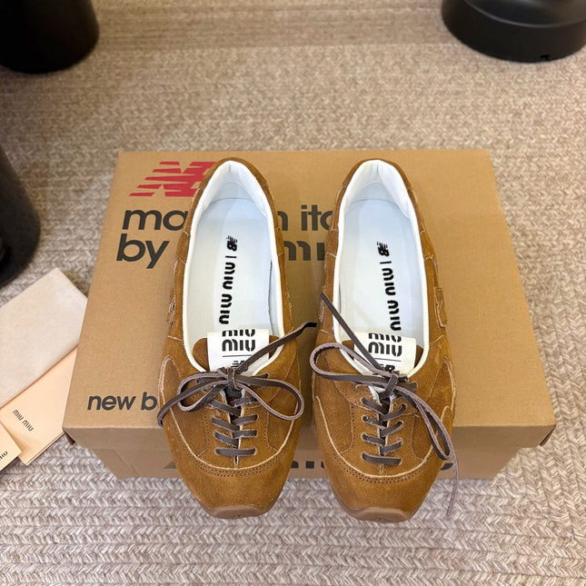 MIUMIU 26S LACE-UP BALLET IN BROWN SUEDE