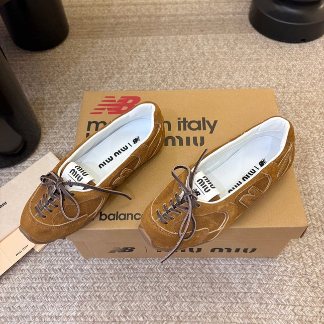 MIUMIU 26S LACE-UP BALLET IN BROWN SUEDE