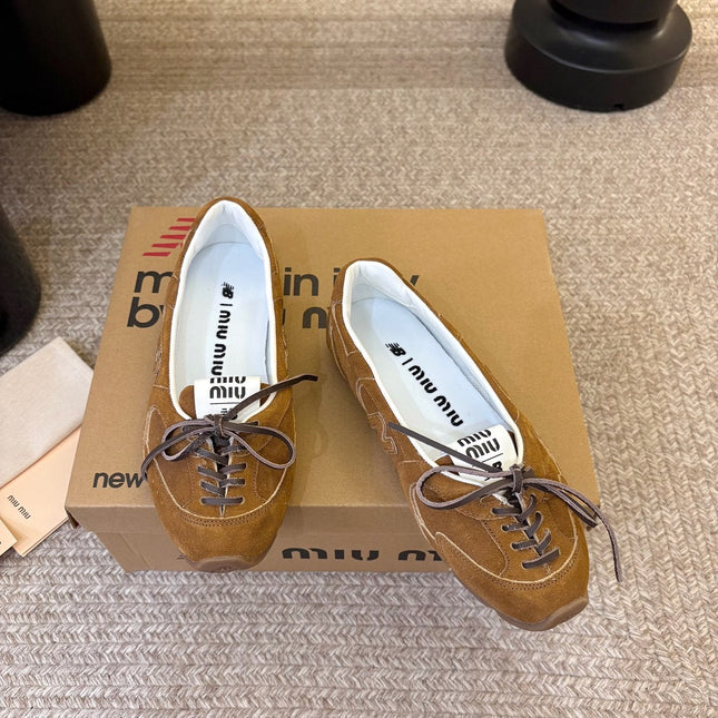 MIUMIU 26S LACE-UP BALLET IN BROWN SUEDE