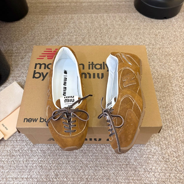 MIUMIU 26S LACE-UP BALLET IN BROWN SUEDE