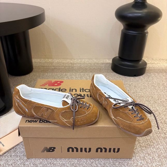 MIUMIU 26S LACE-UP BALLET IN BROWN SUEDE