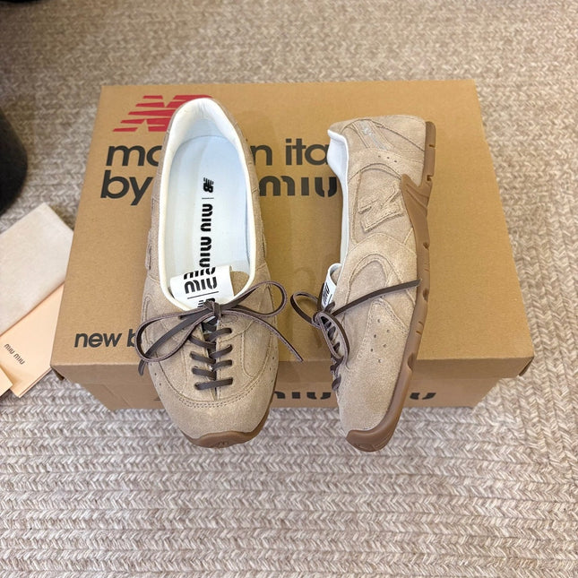 MIUMIU 26S LACE-UP BALLET IN BEIGE SUEDE