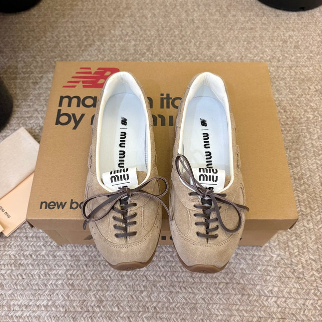 MIUMIU 26S LACE-UP BALLET IN BEIGE SUEDE