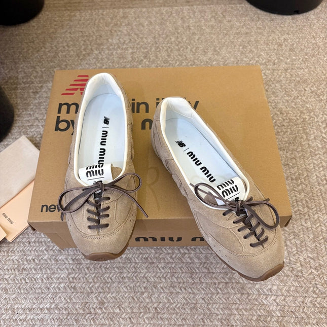 MIUMIU 26S LACE-UP BALLET IN BEIGE SUEDE