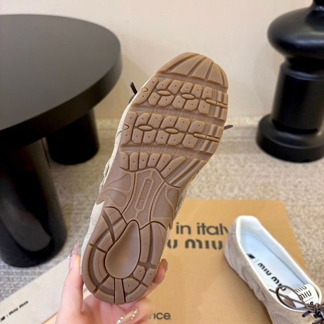 MIUMIU 26S LACE-UP BALLET IN BEIGE SUEDE