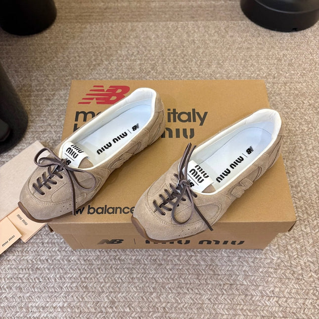 MIUMIU 26S LACE-UP BALLET IN BEIGE SUEDE