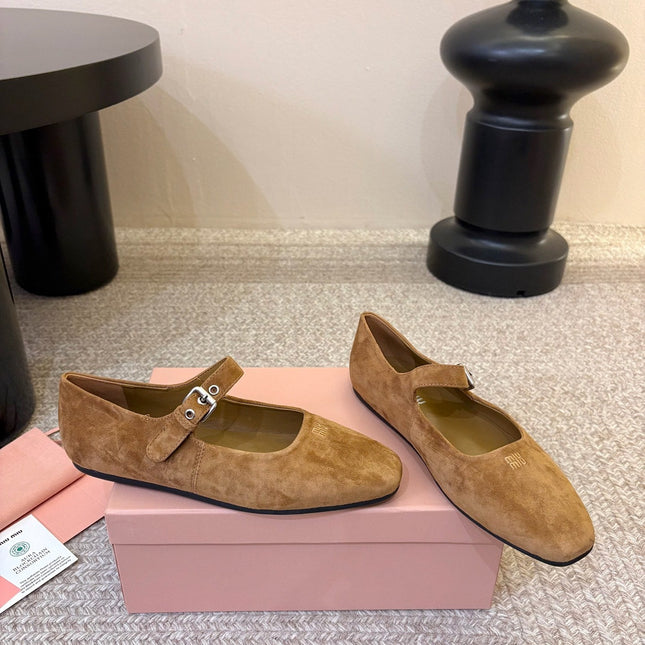 MIUMIU 26S MARY JANE BALLET IN CAMEL BROWN SUEDE