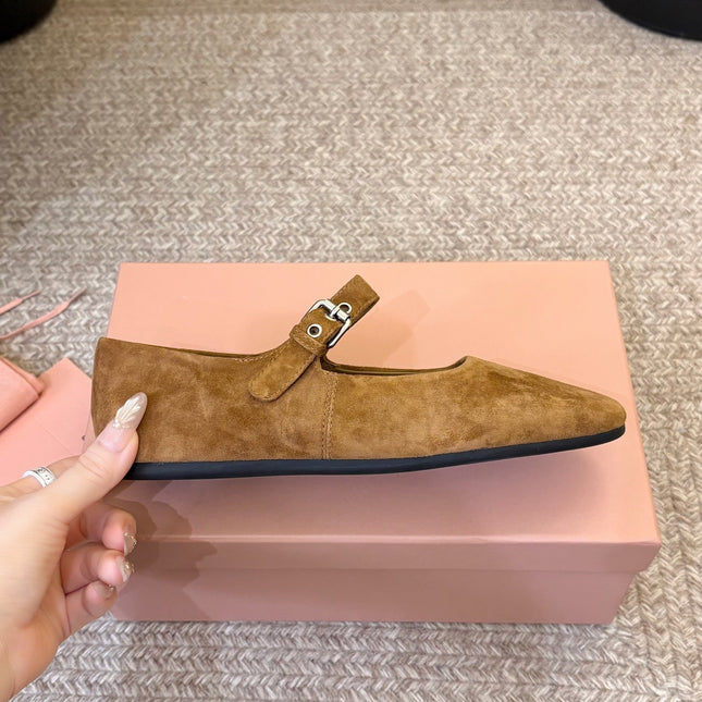 MIUMIU 26S MARY JANE BALLET IN CAMEL BROWN SUEDE