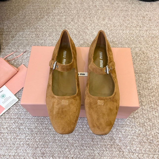 MIUMIU 26S MARY JANE BALLET IN CAMEL BROWN SUEDE