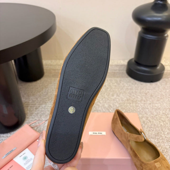 MIUMIU 26S MARY JANE BALLET IN CAMEL BROWN SUEDE
