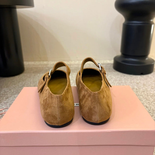 MIUMIU 26S MARY JANE BALLET IN CAMEL BROWN SUEDE