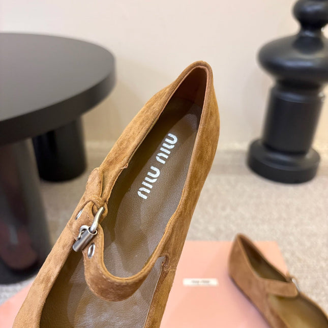 MIUMIU 26S MARY JANE BALLET IN CAMEL BROWN SUEDE