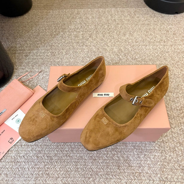 MIUMIU 26S MARY JANE BALLET IN CAMEL BROWN SUEDE