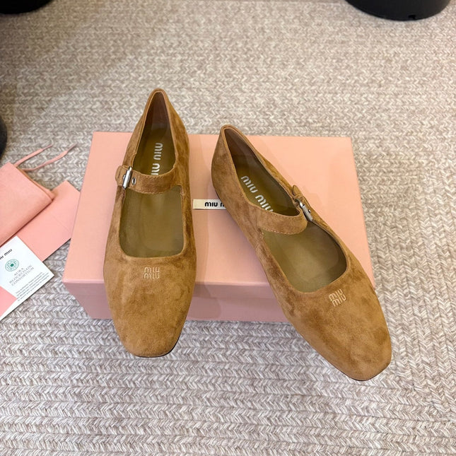 MIUMIU 26S MARY JANE BALLET IN CAMEL BROWN SUEDE
