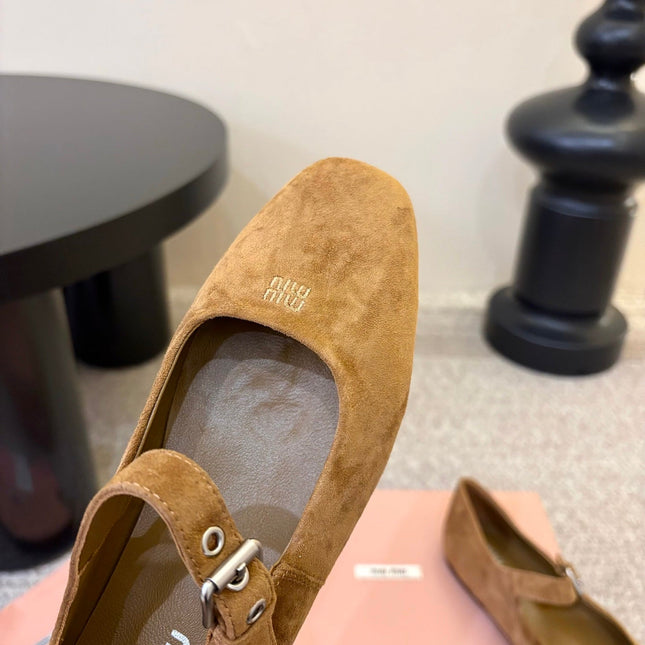 MIUMIU 26S MARY JANE BALLET IN CAMEL BROWN SUEDE