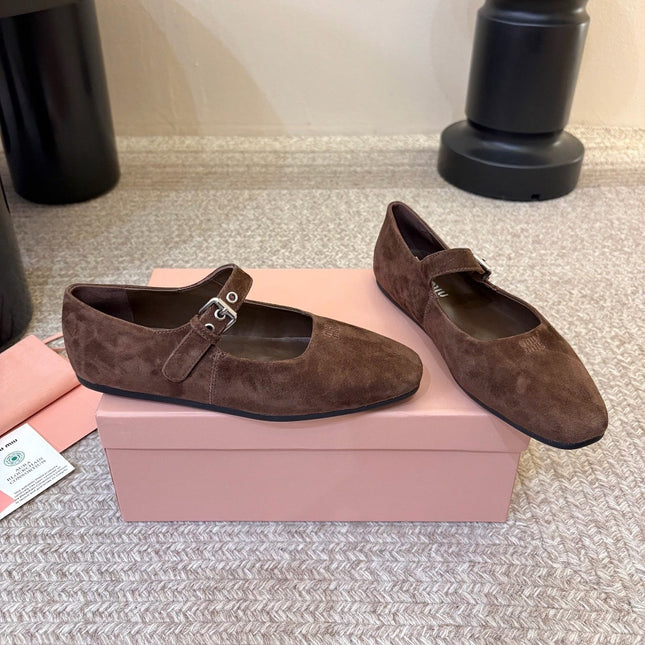MIUMIU 26S MARY JANE BALLET IN DARK BROWN SUEDE
