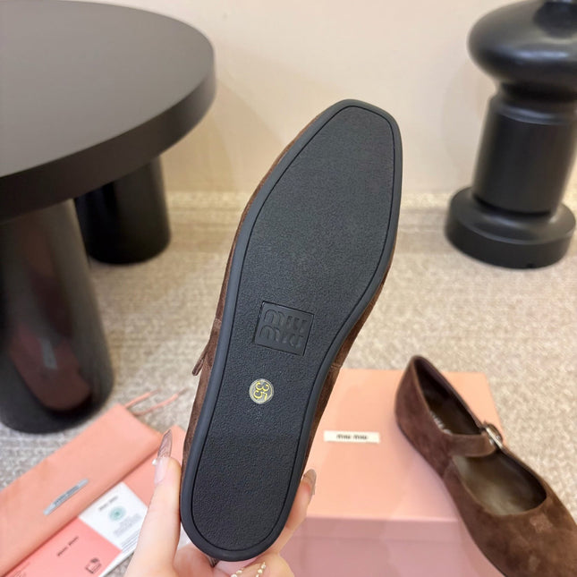 MIUMIU 26S MARY JANE BALLET IN DARK BROWN SUEDE