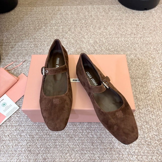 MIUMIU 26S MARY JANE BALLET IN DARK BROWN SUEDE