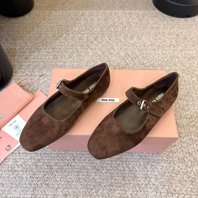 MIUMIU 26S MARY JANE BALLET IN DARK BROWN SUEDE