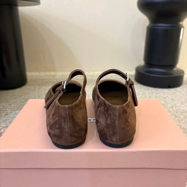 MIUMIU 26S MARY JANE BALLET IN DARK BROWN SUEDE