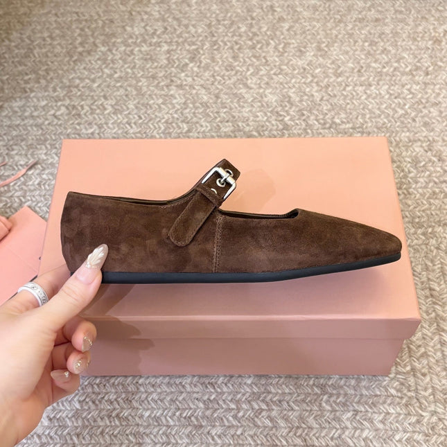 MIUMIU 26S MARY JANE BALLET IN DARK BROWN SUEDE