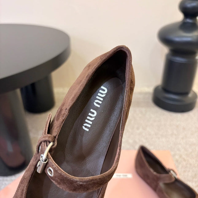 MIUMIU 26S MARY JANE BALLET IN DARK BROWN SUEDE