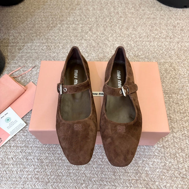 MIUMIU 26S MARY JANE BALLET IN DARK BROWN SUEDE