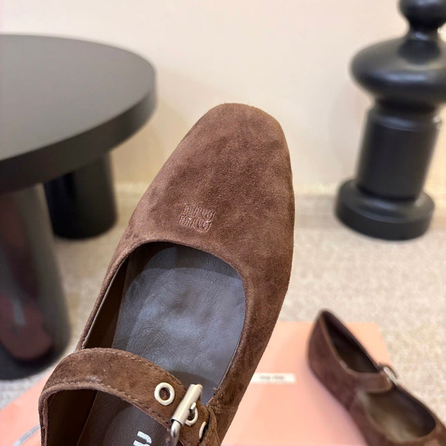 MIUMIU 26S MARY JANE BALLET IN DARK BROWN SUEDE