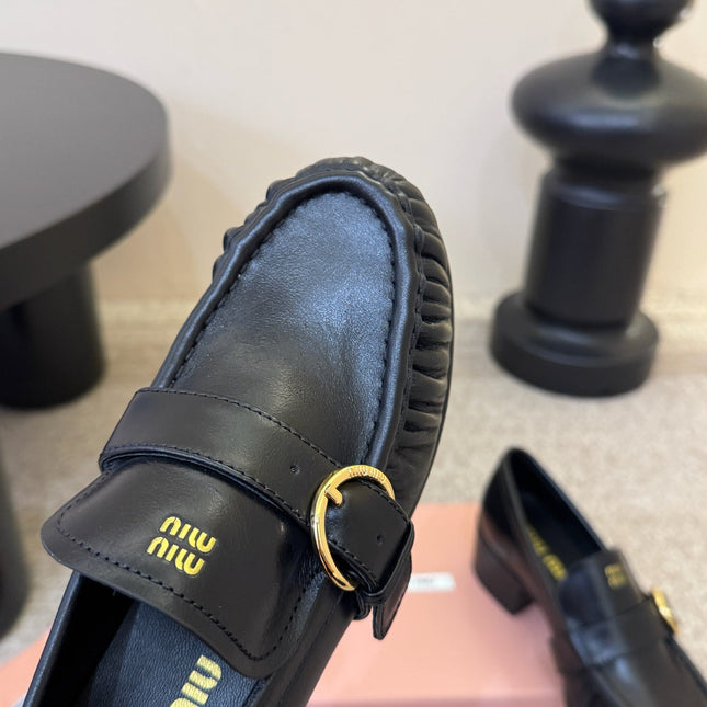 MIUMIU 26S HEEL LOAFERS 50 MM IN BLACK CALFSKIN