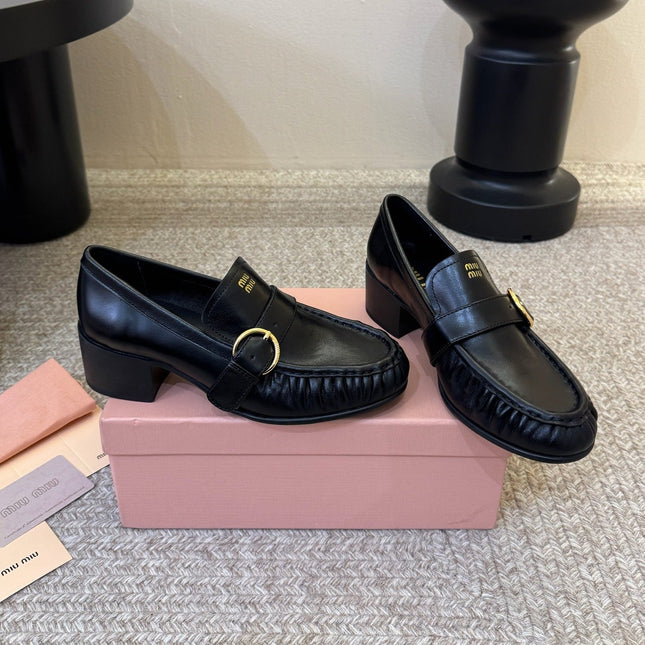 MIUMIU 26S HEEL LOAFERS 50 MM IN BLACK CALFSKIN