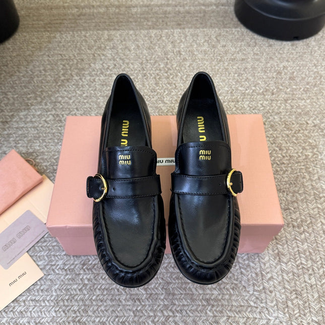 MIUMIU 26S HEEL LOAFERS 50 MM IN BLACK CALFSKIN
