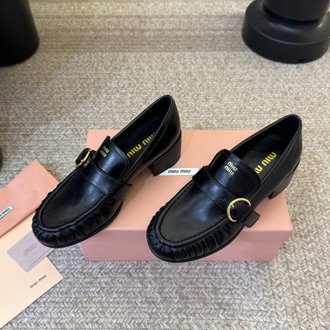 MIUMIU 26S HEEL LOAFERS 50 MM IN BLACK CALFSKIN