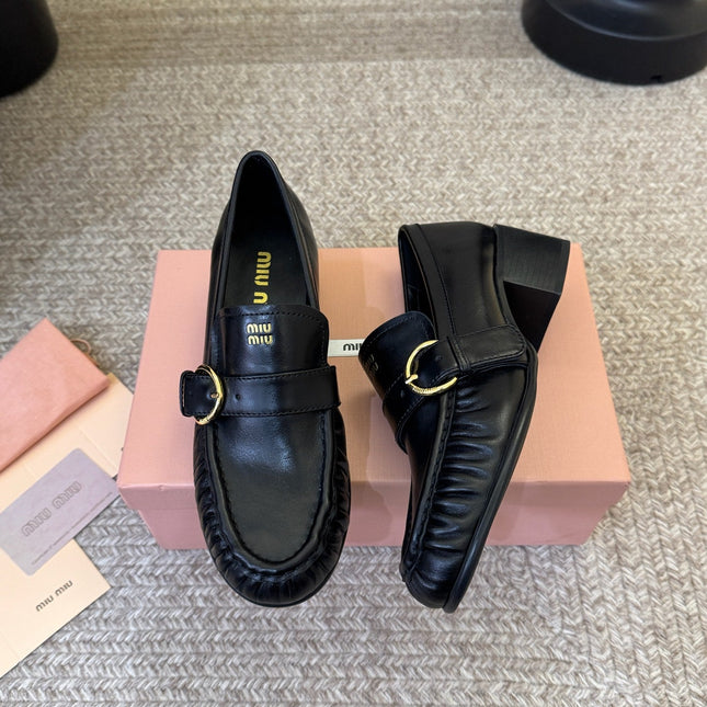 MIUMIU 26S HEEL LOAFERS 50 MM IN BLACK CALFSKIN