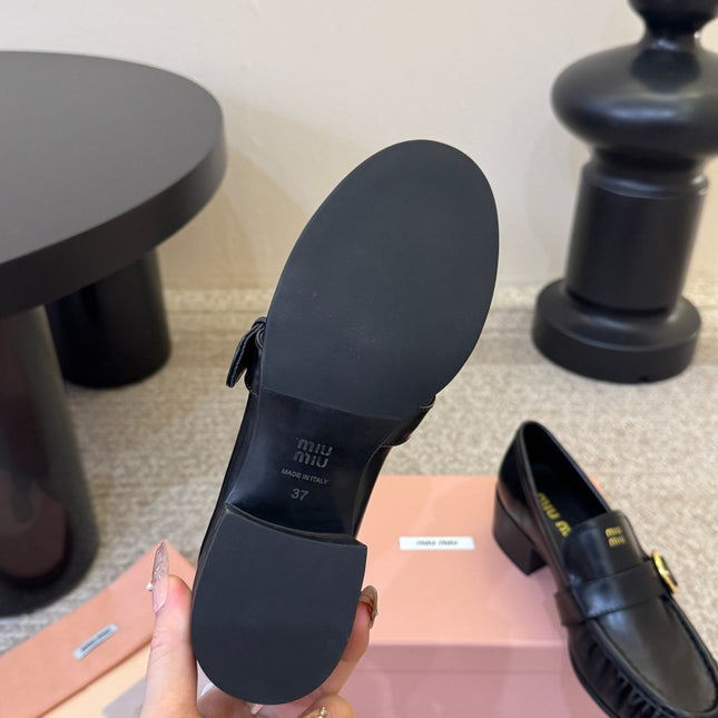 MIUMIU 26S HEEL LOAFERS 50 MM IN BLACK CALFSKIN