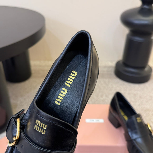 MIUMIU 26S HEEL LOAFERS 50 MM IN BLACK CALFSKIN