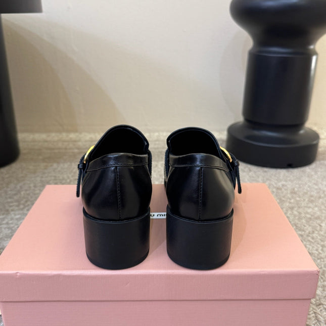 MIUMIU 26S HEEL LOAFERS 50 MM IN BLACK CALFSKIN