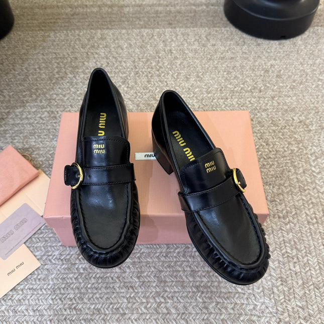 MIUMIU 26S HEEL LOAFERS 50 MM IN BLACK CALFSKIN