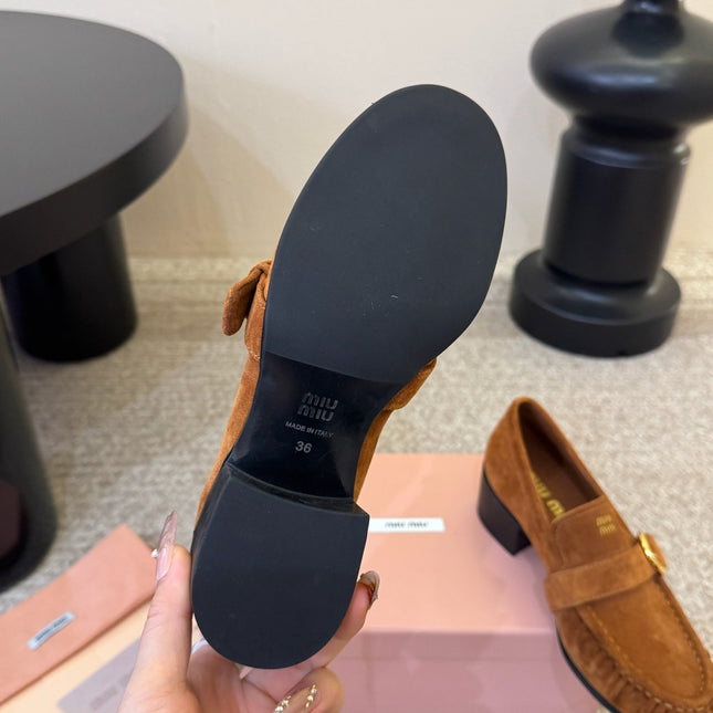 MIUMIU 26S HEEL LOAFERS 50 MM IN BROWN SUEDE