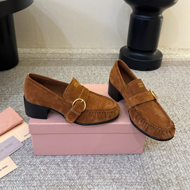 MIUMIU 26S HEEL LOAFERS 50 MM IN BROWN SUEDE