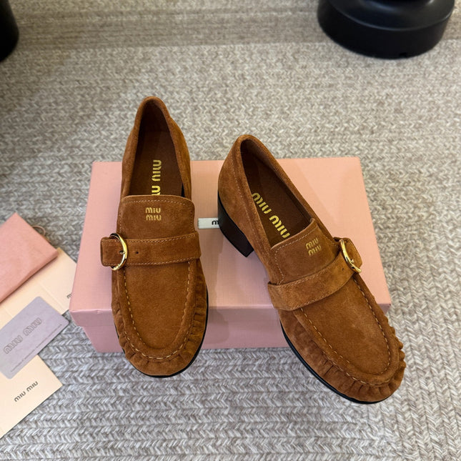 MIUMIU 26S HEEL LOAFERS 50 MM IN BROWN SUEDE