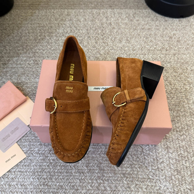 MIUMIU 26S HEEL LOAFERS 50 MM IN BROWN SUEDE
