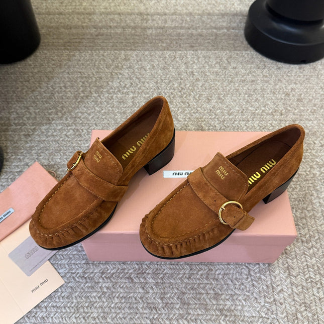 MIUMIU 26S HEEL LOAFERS 50 MM IN BROWN SUEDE