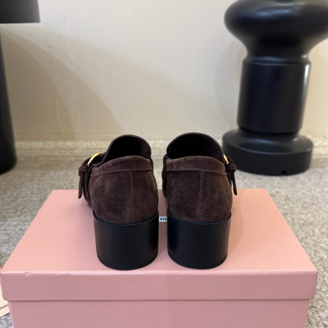 MIUMIU 26S HEEL LOAFERS 50 MM IN DARK BROWN SUEDE