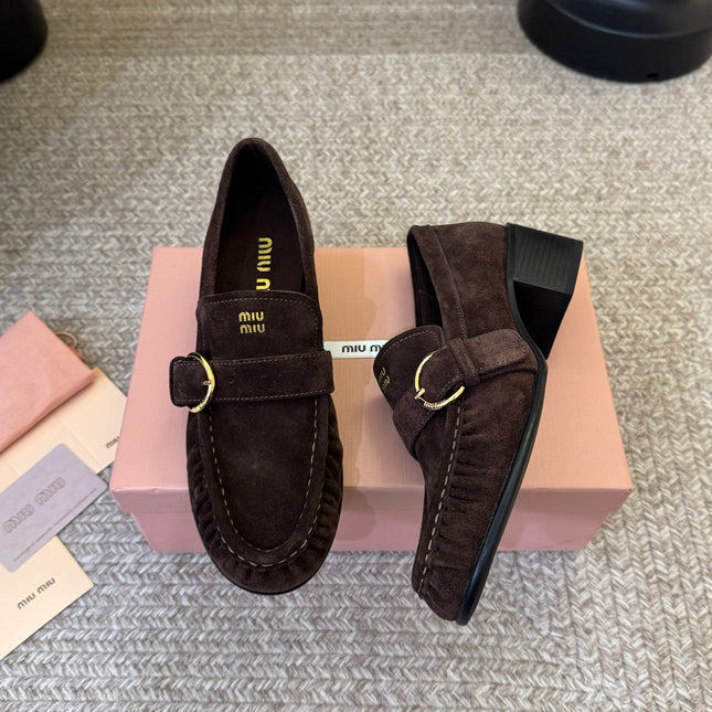 MIUMIU 26S HEEL LOAFERS 50 MM IN DARK BROWN SUEDE