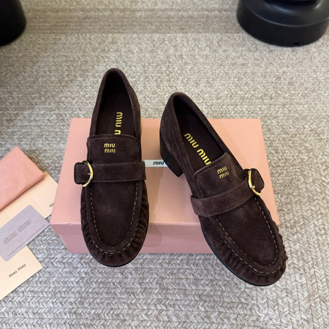 MIUMIU 26S HEEL LOAFERS 50 MM IN DARK BROWN SUEDE