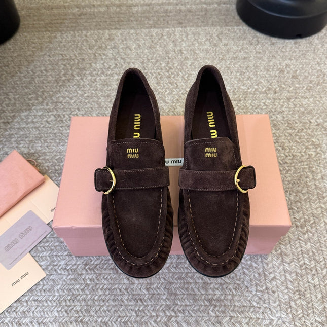 MIUMIU 26S HEEL LOAFERS 50 MM IN DARK BROWN SUEDE