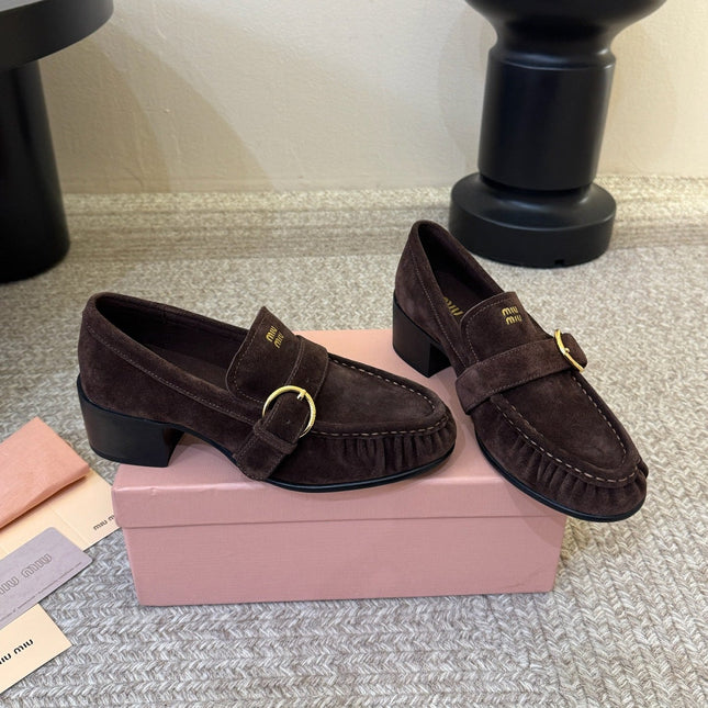 MIUMIU 26S HEEL LOAFERS 50 MM IN DARK BROWN SUEDE